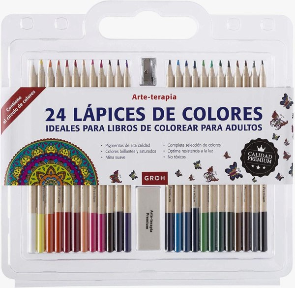 Lapices de Colores X 24 Con Borrador y Sacapuntas para Colorear Mandalas Arte-terapia